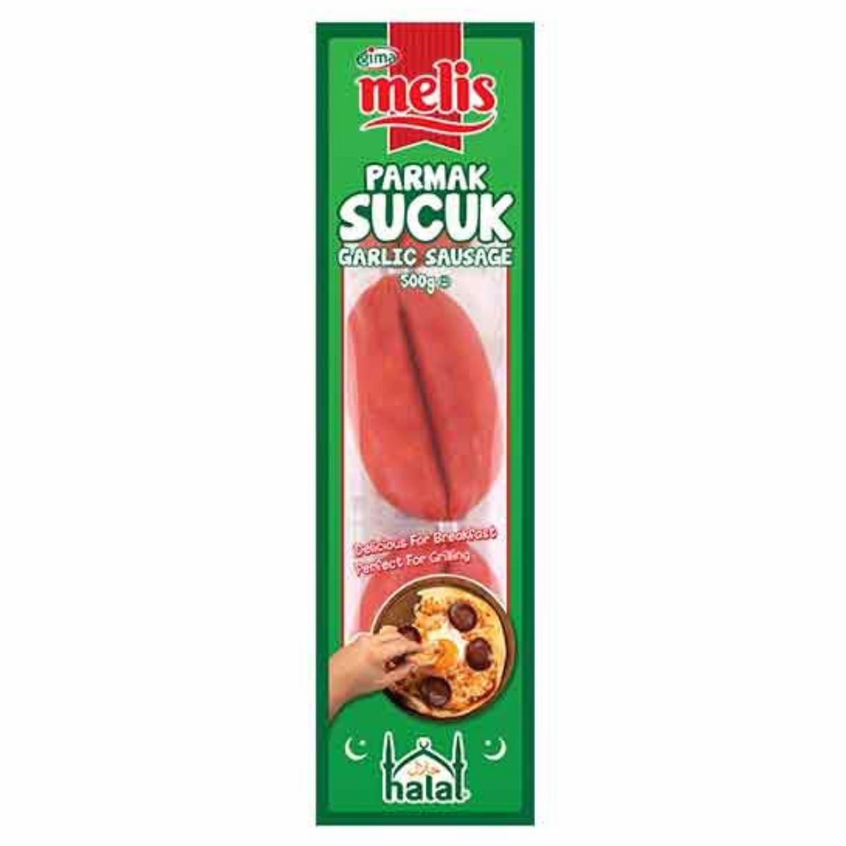 Melis Parmak Sucuk Garlic Sausage (Halal) - 500g by Melis features sausage slices on the packaging with a serving suggestion including eggs.