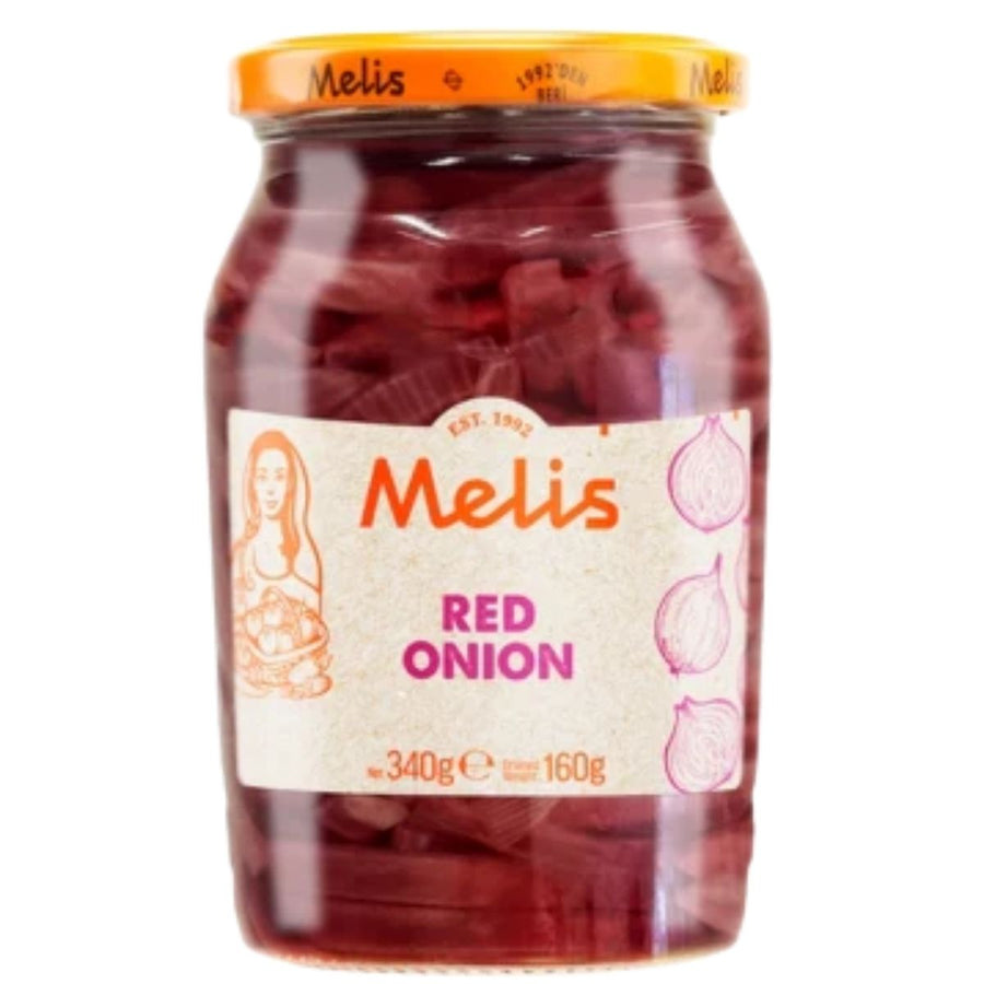 Melis Pickled Red Onions (340g) come in a jar with a yellow lid and a label featuring red onions—an ideal Mediterranean condiment or topping for tacos.