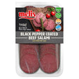 Melis Smoked Black Pepper Coated Beef Salami (Halal) 80g—sliced, gluten-free, and lactose-free—ideal for charcuterie boards.