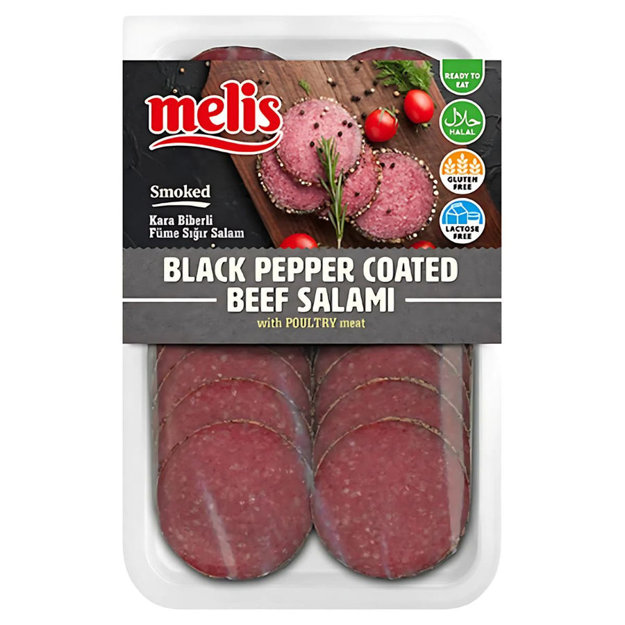 Melis Smoked Black Pepper Coated Beef Salami (Halal) 80g—sliced, gluten-free, and lactose-free—ideal for charcuterie boards.