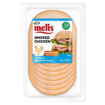 A plastic pack labeled "Melis - Smoked Chicken Slices (Halal) - 130g," containing ready-to-eat halal smoked chicken slices.