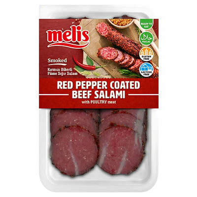 Melis Smoked Red Pepper Coated Beef Salami (Halal), 80g, ready to eat, gluten-free, and lactose-free.