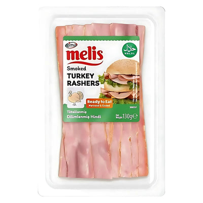 A 130g plastic pack of Melis Smoked Turkey Rashers (Halal), labeled "Ready to Eat" and "Halal," with visible protein-packed turkey slices inside.