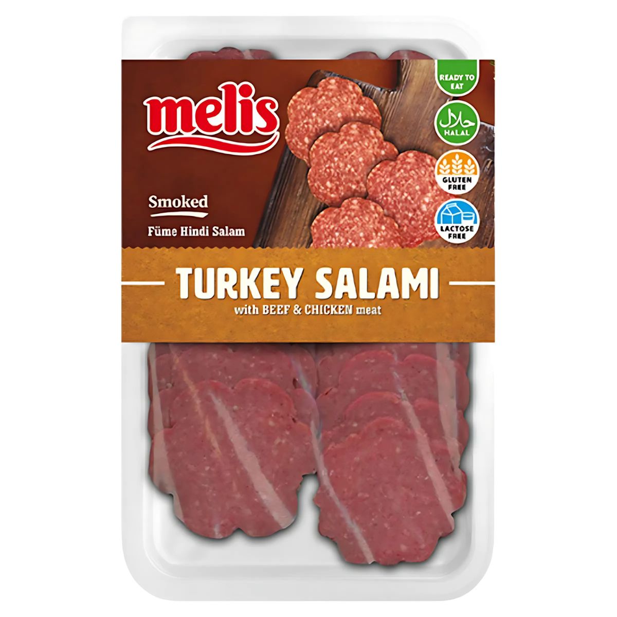 Melis Smoked Turkey Salami with Beef & Chicken (Halal) 80g: a ready-to-eat, gluten-free, lactose-free snack. Slices are visible inside the pack—perfect for a protein boost!.