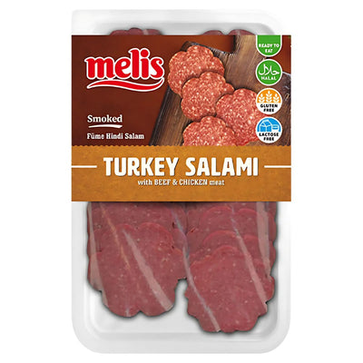 Melis Smoked Turkey Salami with Beef & Chicken (Halal) 80g: a ready-to-eat, gluten-free, lactose-free snack. Slices are visible inside the pack—perfect for a protein boost!.