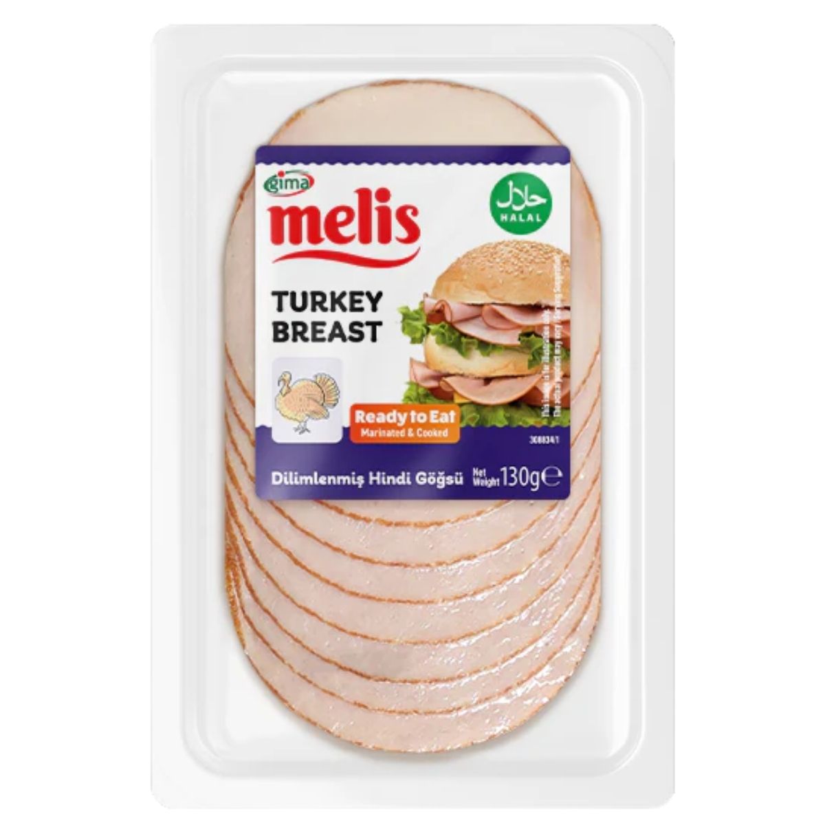 A plastic pack of Melis - Turkey Breast Slices (Halal) - 130g features the Melis brand label, halal certification, and a net weight of 130 grams.