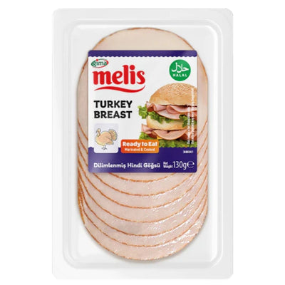 A plastic pack of Melis - Turkey Breast Slices (Halal) - 130g features the Melis brand label, halal certification, and a net weight of 130 grams.