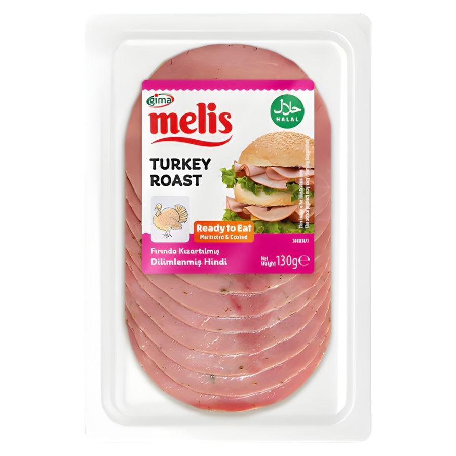 A 130g Melis Turkey Roast (Halal) plastic tray labeled "Ready to Eat.