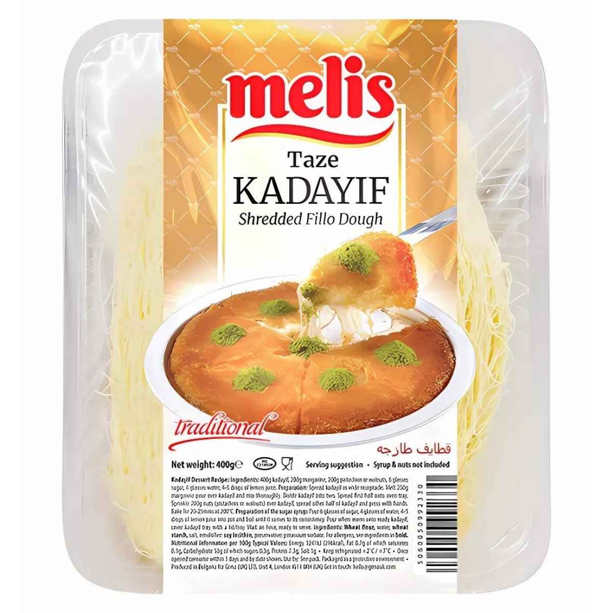 A clear plastic package of Melis - Fresh Kadayif (Shredded Fillo Dough) - 400g, featuring a serving suggestion image on the front that displays a traditional Turkish dessert garnished with pistachio sprinkles.