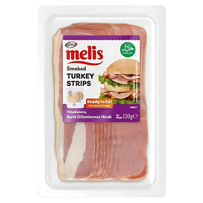 Melis - Smoked Turkey Strips (Halal) 130g: ready-to-eat, halal-certified slices with a sandwich image on the pack—ideal as a tasty protein snack.