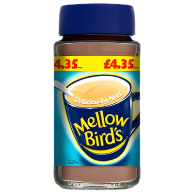 A 100g jar of Mellow Bird's Instant Coffee Powder with a blue lid and yellow £4.35 label. The label features a coffee cup and "Deliciously Mild," highlighting its mild instant coffee taste.
