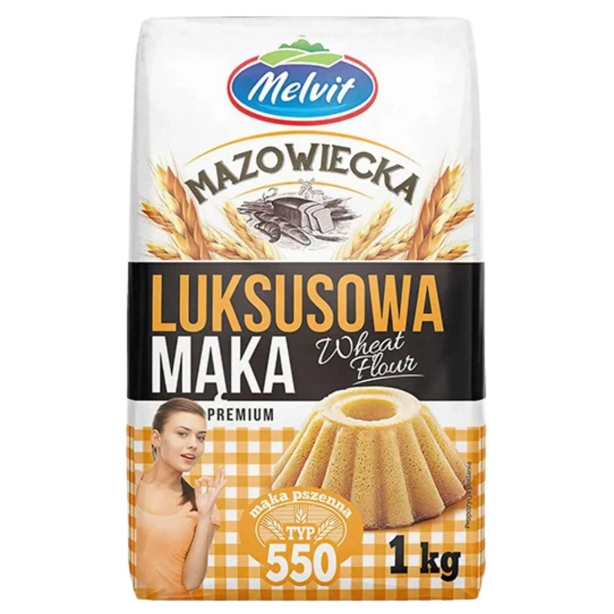 Melvit Luksusowa Premium Wheat Flour (1kg) by Melvit, with a cake and woman on the package—perfect for European baking.