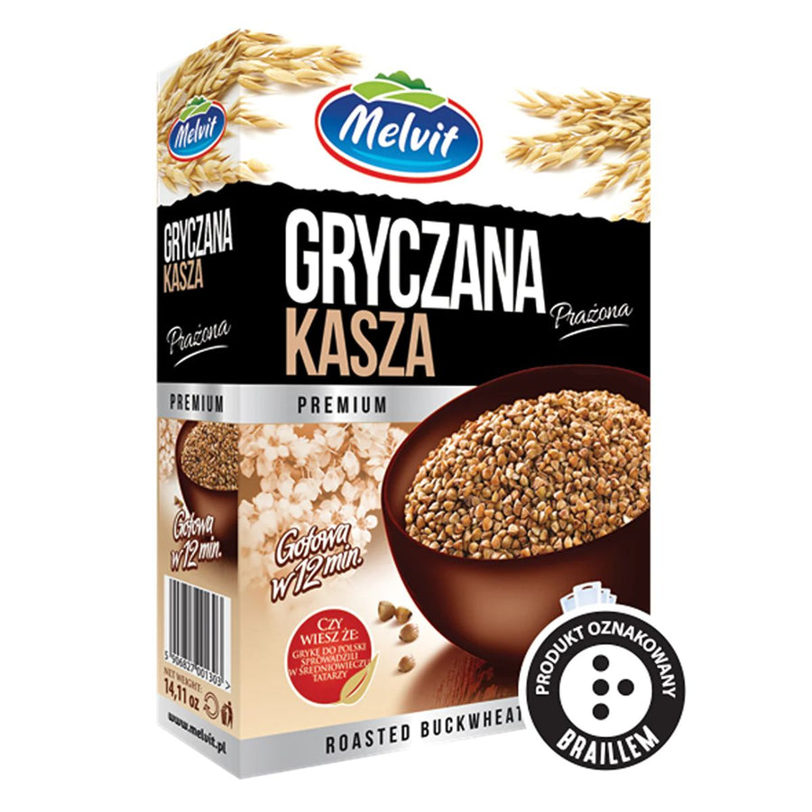 Melvit - Roasted Buckwheat - 400g box by Melvit, featuring a bowl of buckwheat, labeled "Gryczana Kasza," and displaying a Braille-marked product symbol on the front.