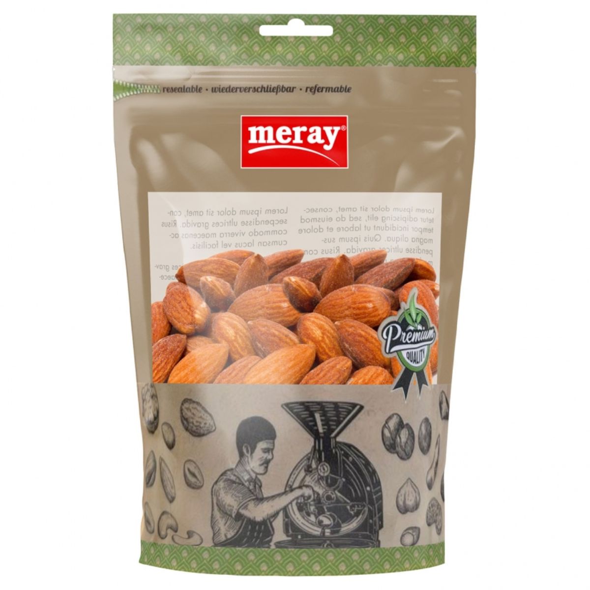 Meray almond kernels in a bag on a white background.