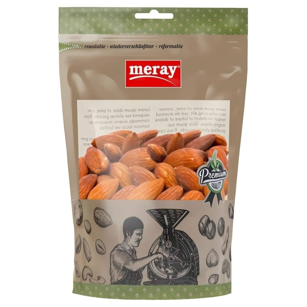 Bag of almonds with meray branding on a white background