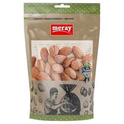 A resealable 150g Meray pack of roasted & salted almond kernels, featuring a nut roasting machine illustration—ideal for those who love flavorful almonds or want to buy nuts online.