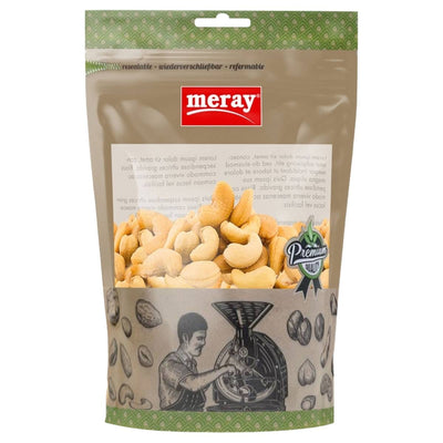 A resealable 150g pack of Meray Cashew Kernels Roasted & Salted, featuring a graphic of a man operating a nut grinder on the lower half of the bag.