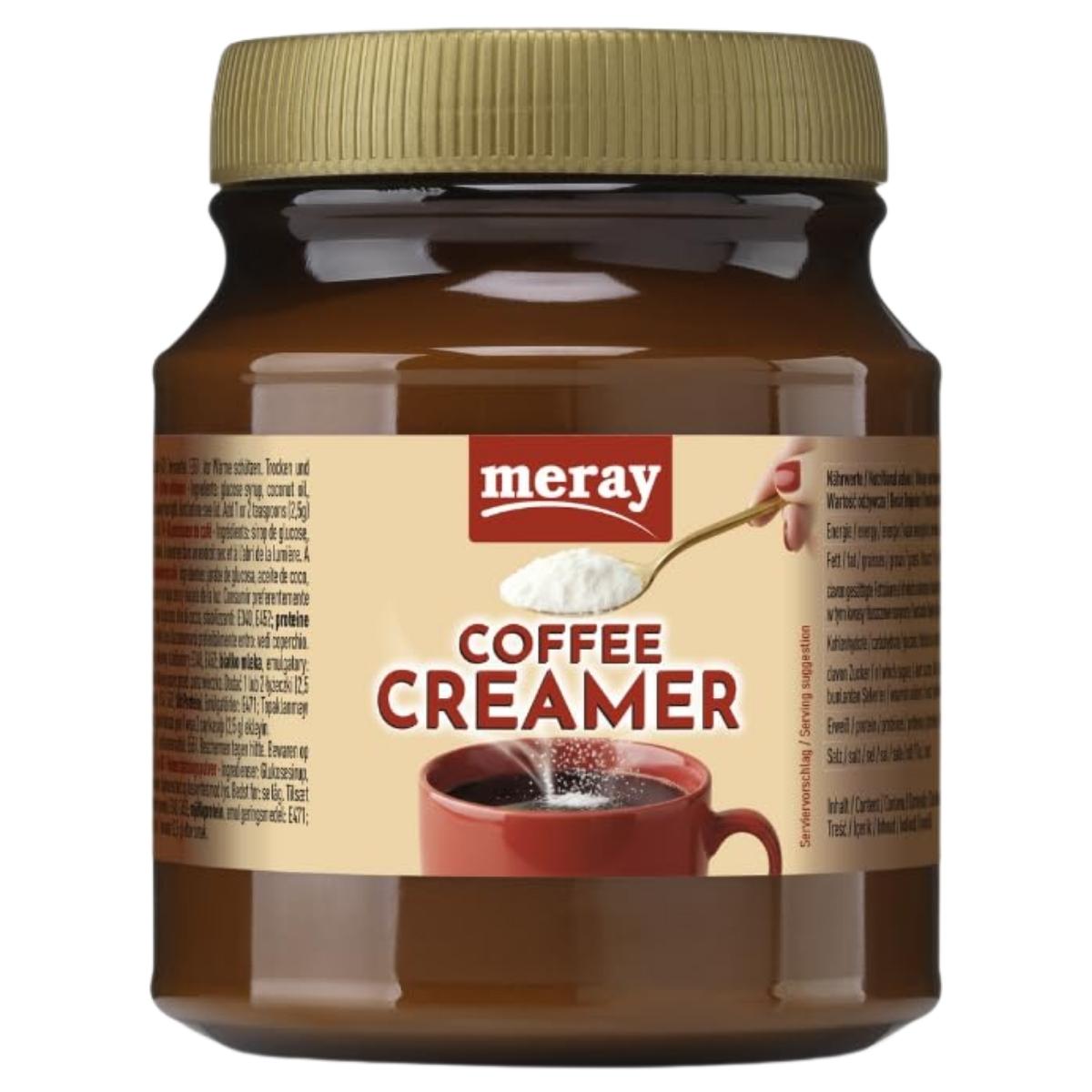 A brown jar labeled "Meray - Coffee Creamer - 250g" from the Meray brand displays an image of a spoon adding whitener to a steaming cup on the front.
