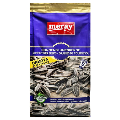 A 250g pack of Meray Dakota Sunflower Seeds Roasted and Extra Salted Shell, featuring a blue and purple design with sunflower seeds on the front—a tasty, healthy snack option.