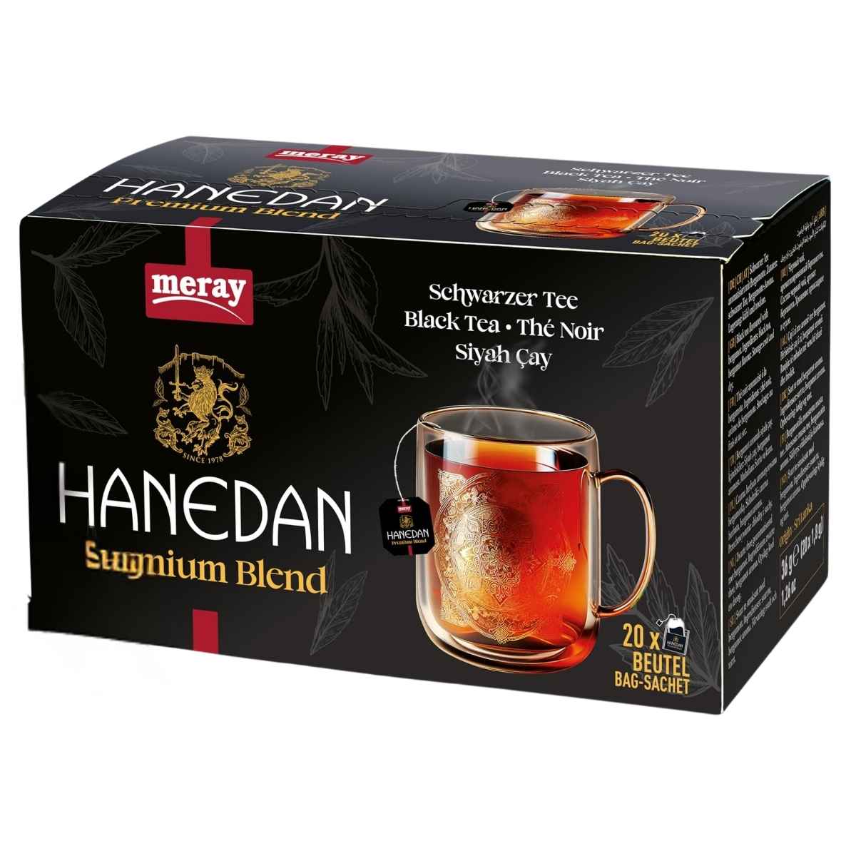 Box of Hanedan black tea with a glass mug on a white background