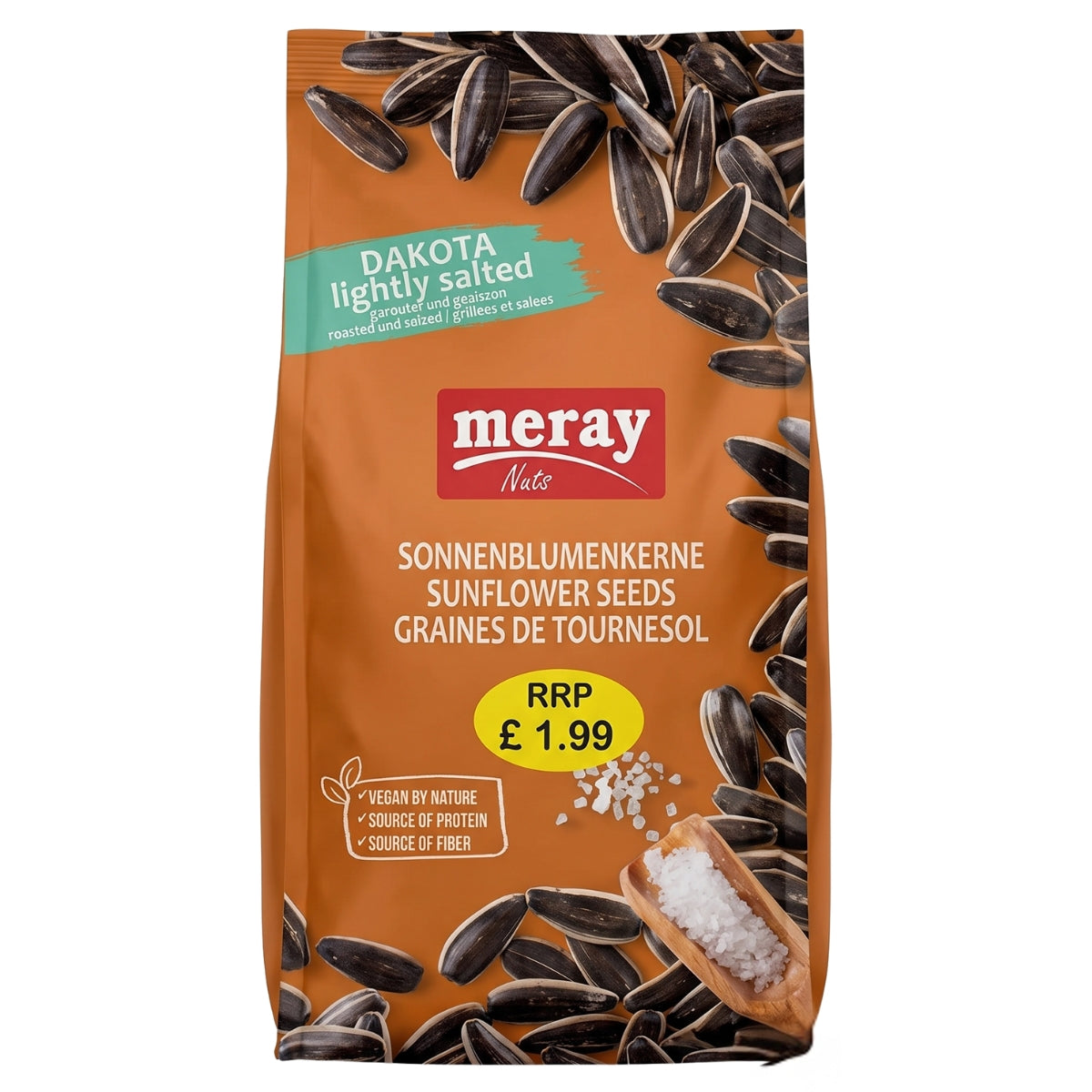 Meray Nature Dakota lightly salted sunflower seeds in a brown bag with illustrations of sunflower seeds and a scoop of salt.