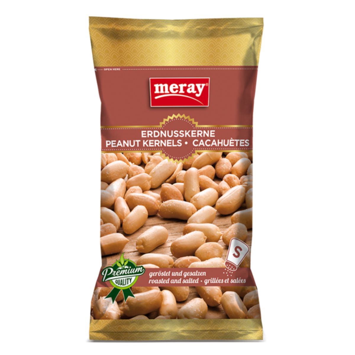 A package of Meray - Roasted & Salted Peanuts - 150g. The bag is labeled in three languages: German, English, and French. The package design is red and gold with a green quality seal.