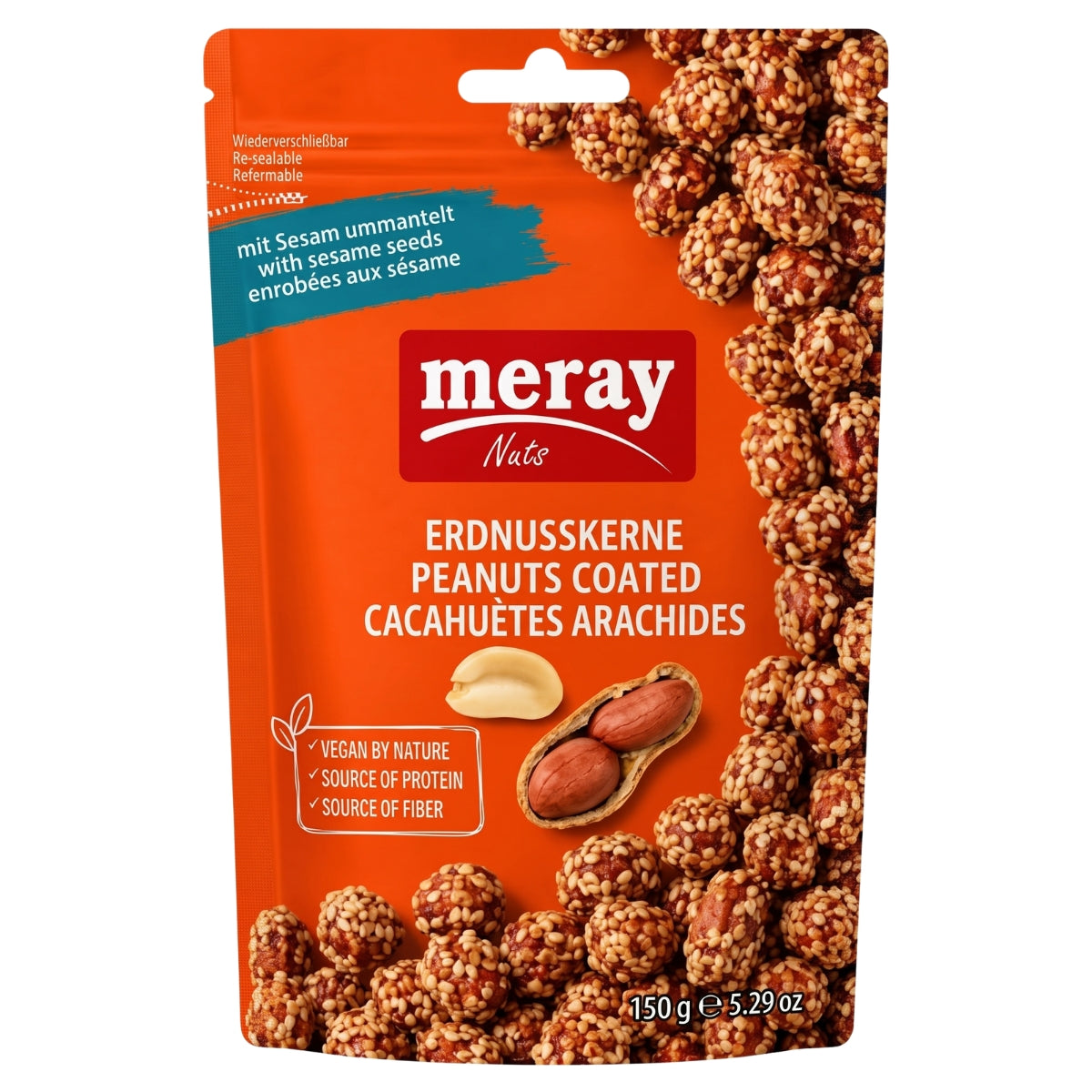 A 150g pouch of Meray Peanut Kernels Coated with Sesame Seeds, labeled as vegan and a source of protein and fiber, with packaging in German, English, and French.