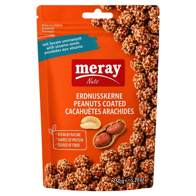 A 150g pouch of Meray Peanut Kernels Coated with Sesame Seeds, labeled as vegan and a source of protein and fiber, with packaging in German, English, and French.