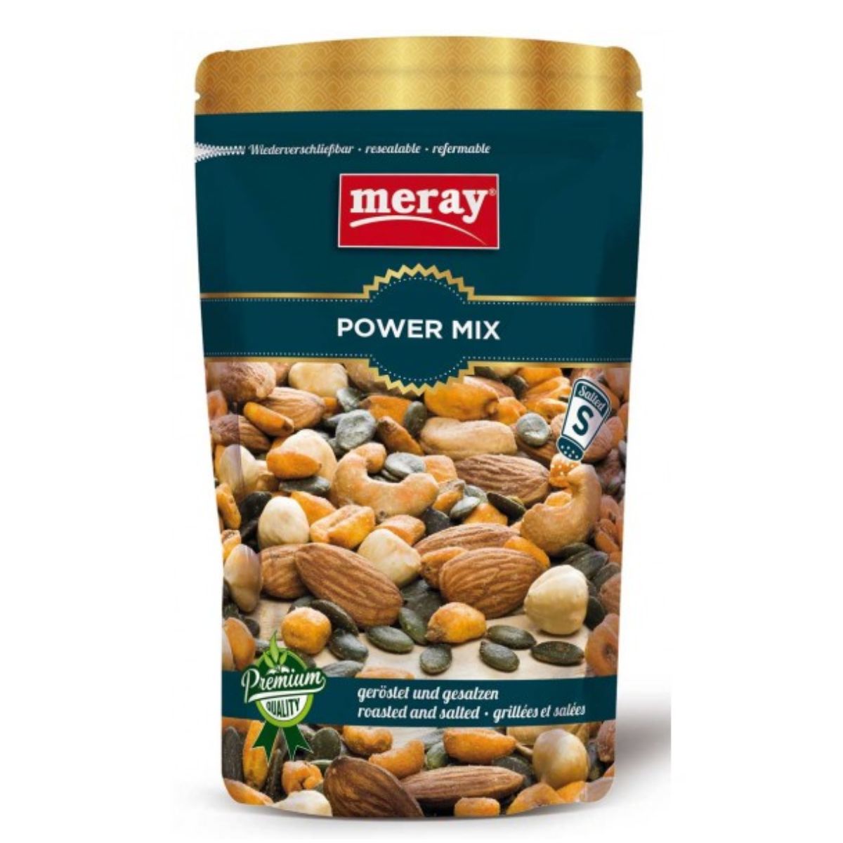 A package of Meray - Power Mix Nuts - 150g featuring a nutritious blend of roasted and salted nuts and seeds, perfect for on-the-go snacking with a convenient resealable top.