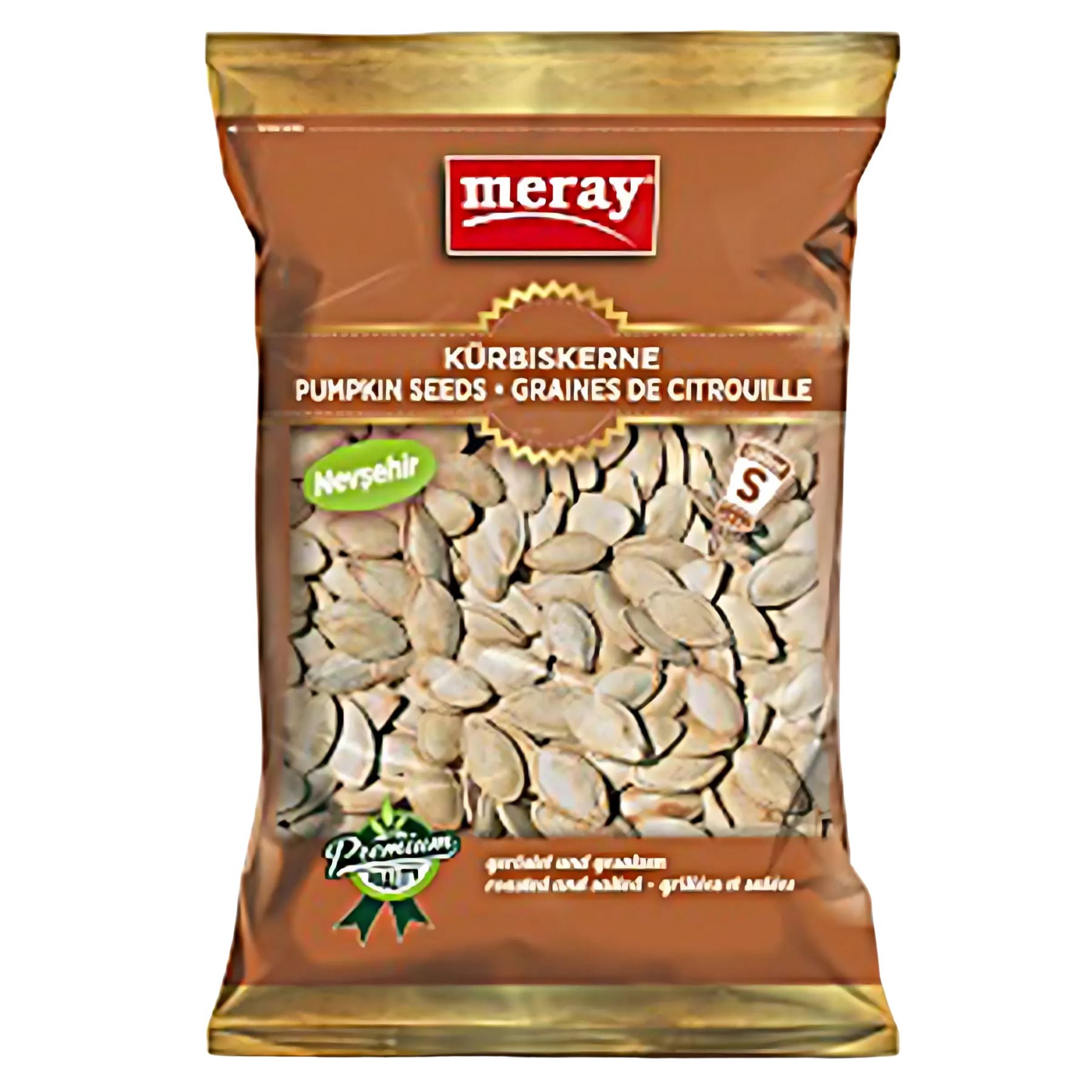 Meray - Pumpkin Seeds Nevsehir Roasted And Salted 200g comes in a brown and gold pack, labeled in German, English, and French—perfect for a healthy snack with visible seeds inside.