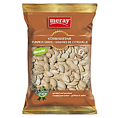 Meray - Pumpkin Seeds Nevsehir Roasted And Salted 200g comes in a brown and gold pack, labeled in German, English, and French—perfect for a healthy snack with visible seeds inside.