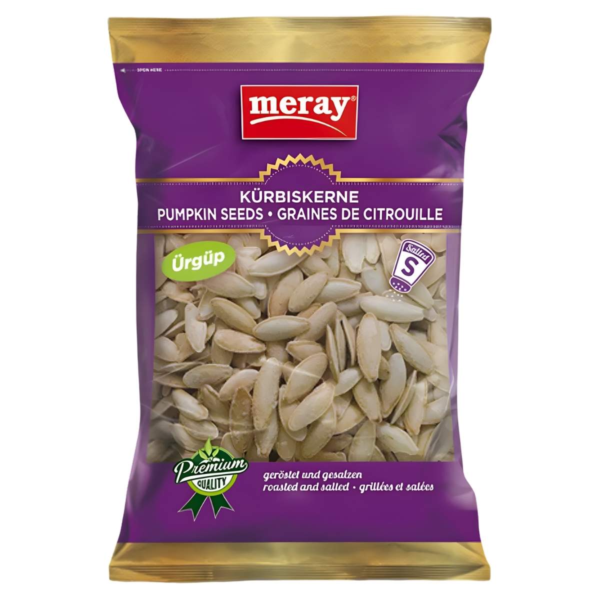 A 200g bag of Meray - Pumpkin Seeds Roasted Salted, featuring purple and gold packaging with a clear window to show the salted seeds inside and multilingual text.