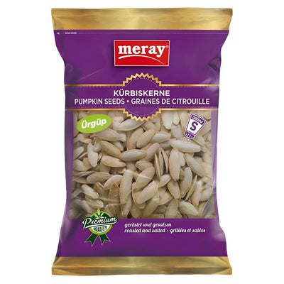 A 200g bag of Meray - Pumpkin Seeds Roasted Salted, featuring purple and gold packaging with a clear window to show the salted seeds inside and multilingual text.