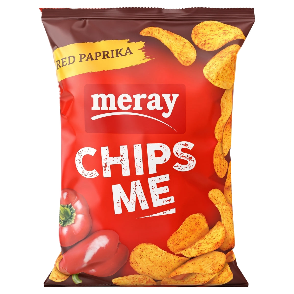 A bag of Meray Chips Me red paprika potato chips on a plain white background.