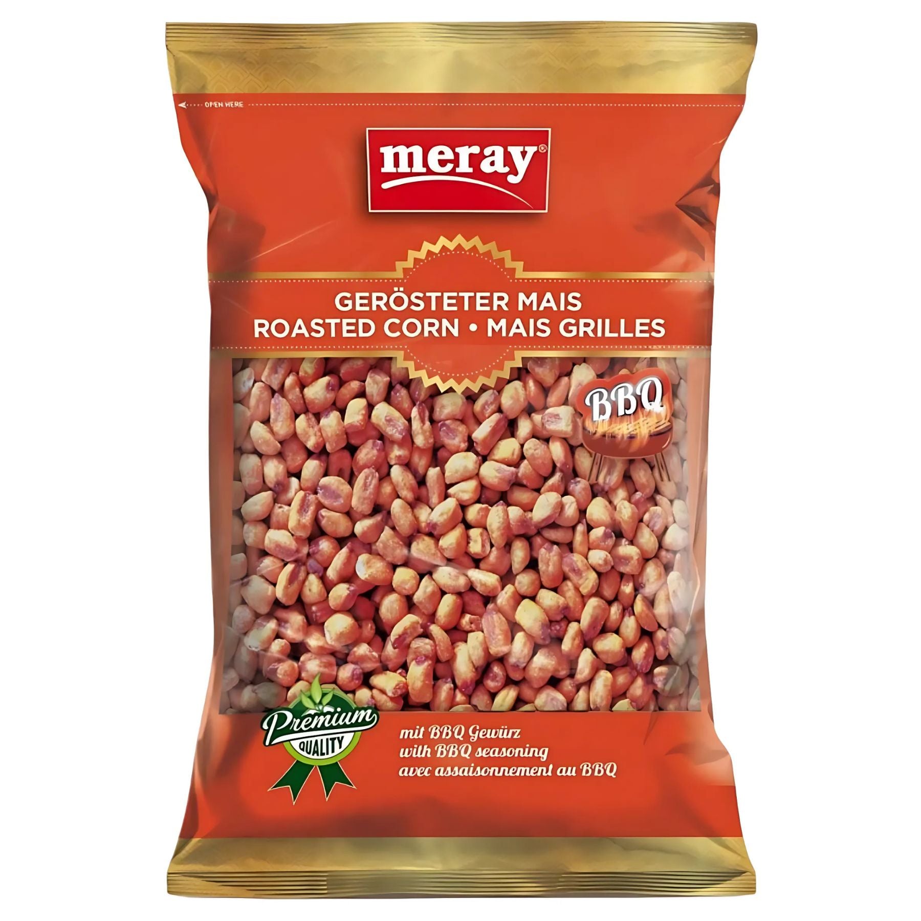 A 150g bag of Meray Roasted Corn BBQ, a savoury grilled snack. The multilingual packaging (German, English, French) features a clear window displaying the corn kernels.