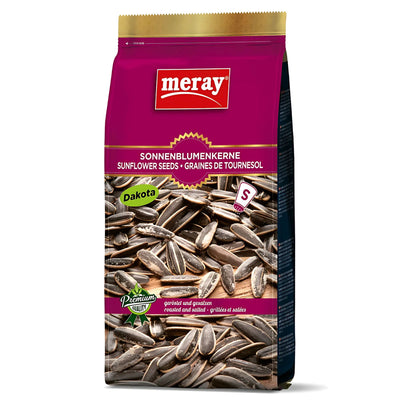 A 250g bag of Meray Roasted & Salted Dakota Sunflower Seeds, a healthy snack, featuring a red and purple label with sunflower seeds pictured on the packaging.