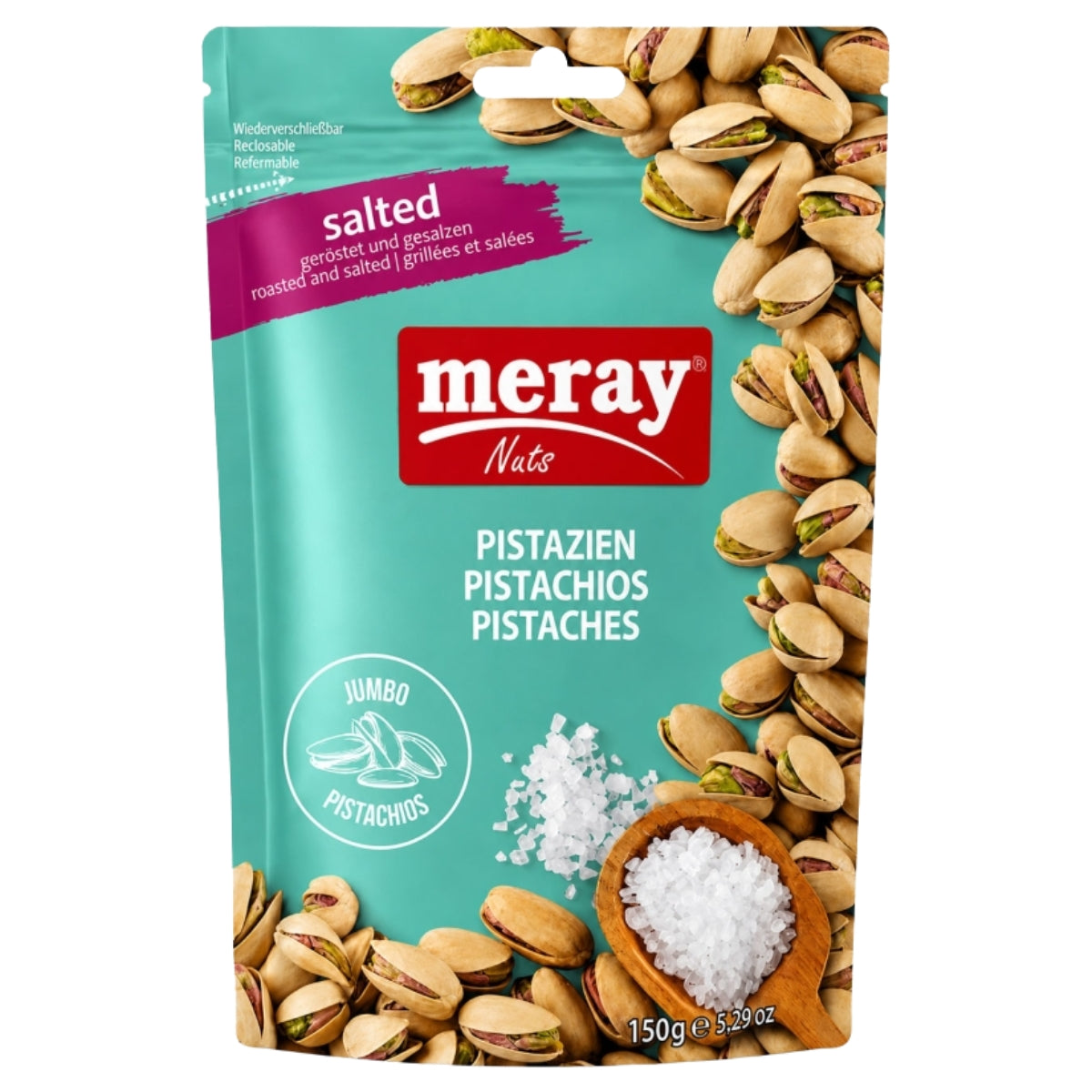 A 150g bag of Meray Roasted & Salted Pistachios, featuring turquoise packaging with images of pistachios and sea salt.