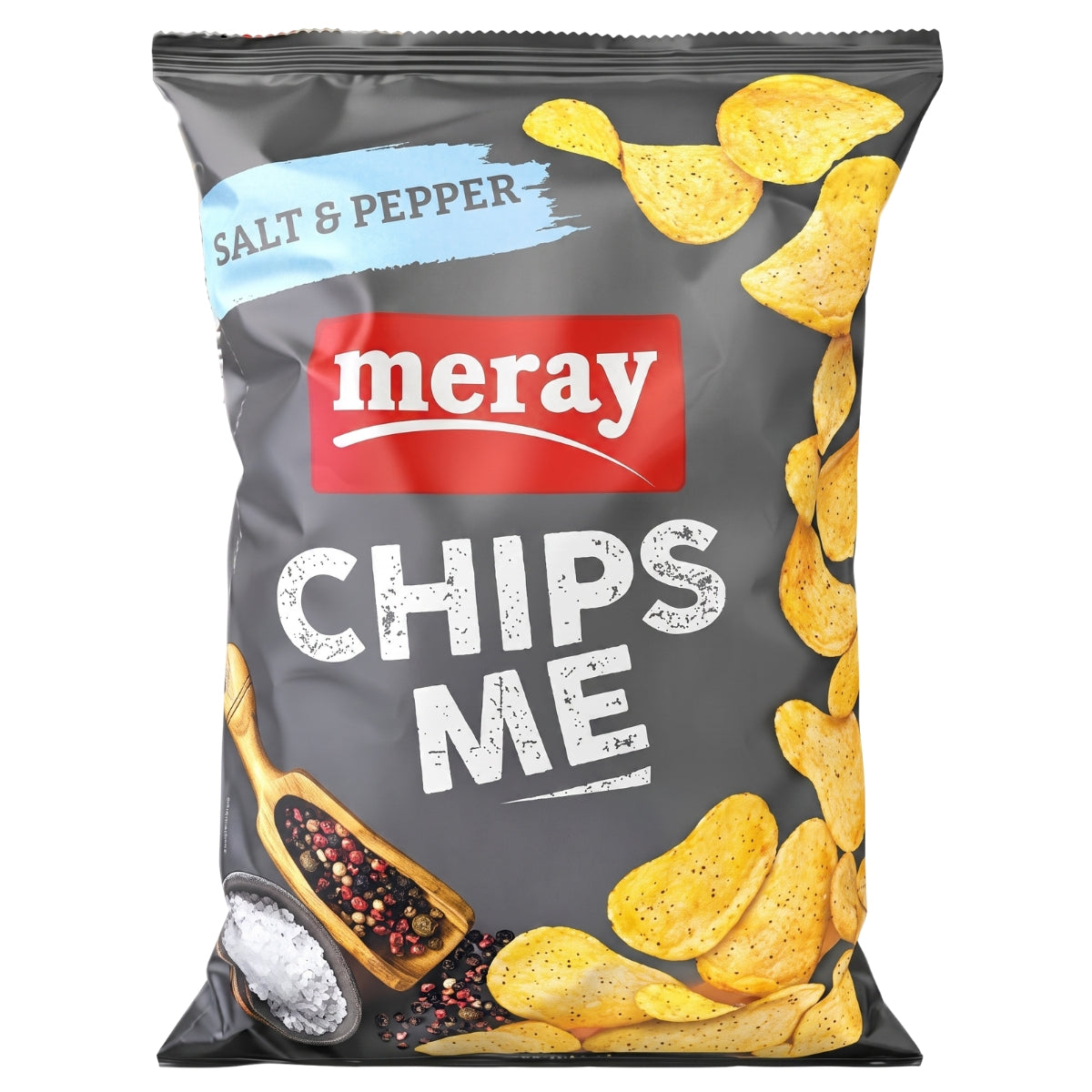 A bag of Meray Chips Me salt & pepper potato chips on a plain white background.
