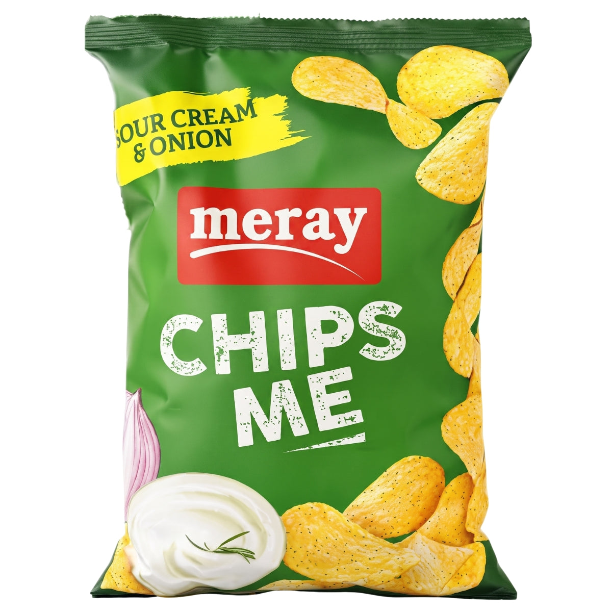 A green 110g bag of Meray Sour Cream & Onion Chips, featuring images of chips, sour cream, and an onion on the packaging.