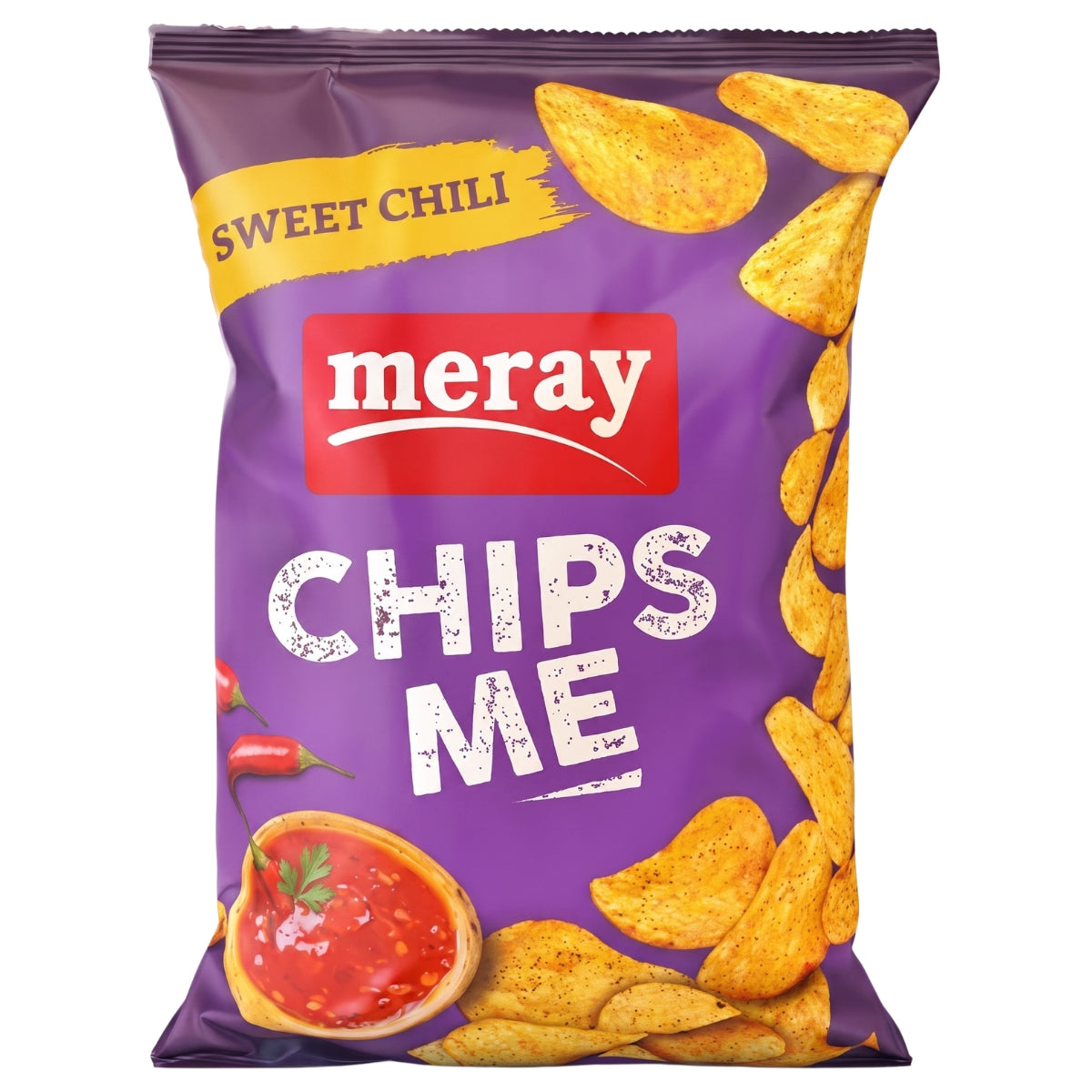 A bag of Meray Chips Me Sweet Chili potato chips on a plain white background. The packaging is primarily purple with a red logo block, white 'CHIPS ME' text, a yellow 'SWEET CHILI' banner, and illustrations of golden chips and a chili dip bowl.