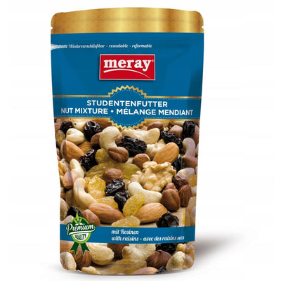 Meray Trail Mix with Raisins, 150g, comes in a blue and yellow resealable pack labeled "Studentenfutter Nut Mixture Mélange Mendiant"—a protein-rich, healthy snack for on-the-go energy.
