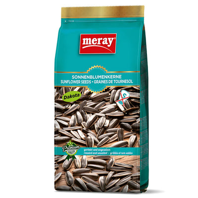 A teal and yellow package of Meray Unsalted Black Sunflower Seeds (250g) features images of black seeds and multilingual labeling, highlighting that the seeds are unsalted.