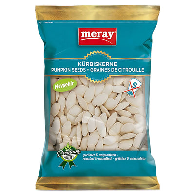 A 200g blue and gold Meray bag of unsalted, roasted pumpkin seeds, labeled as a healthy snack with English, German, and French text.