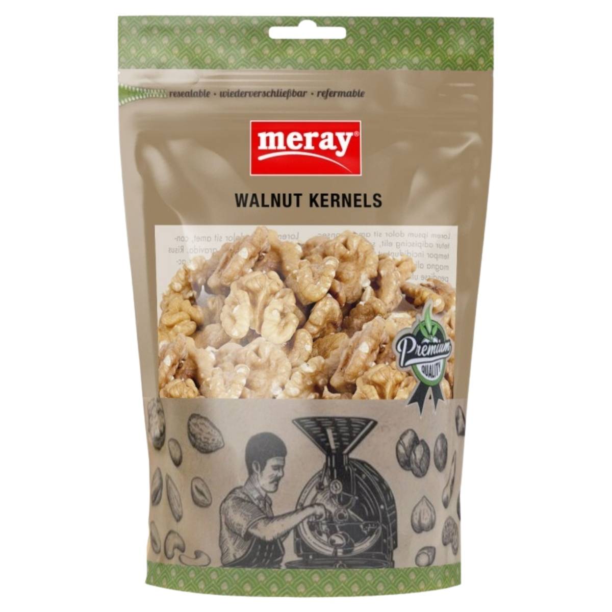 Bag of meray walnut kernels with a vintage illustration on a white background