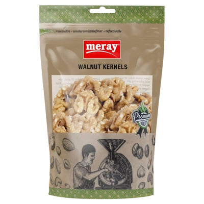 Bag of meray walnut kernels with a vintage illustration on a white background