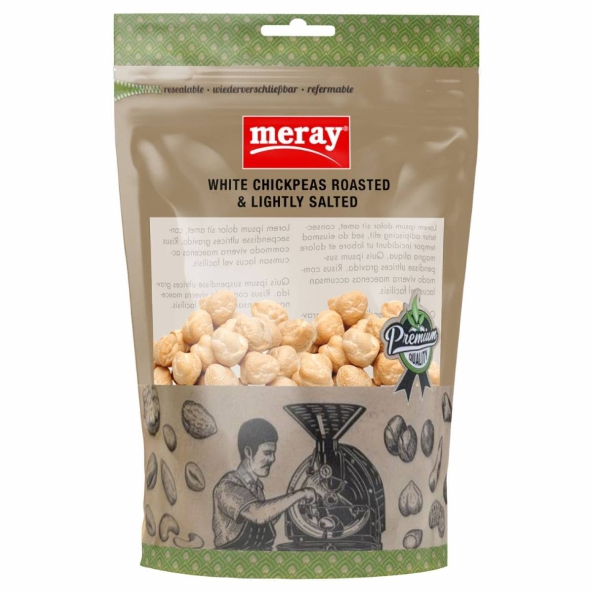 A 150g package of Meray White Chickpeas Roasted & Lightly Salted, a nutritious snack choice, showcases an appealing front image of someone with a vintage grinder. The packaging is stylishly designed in green and beige tones.