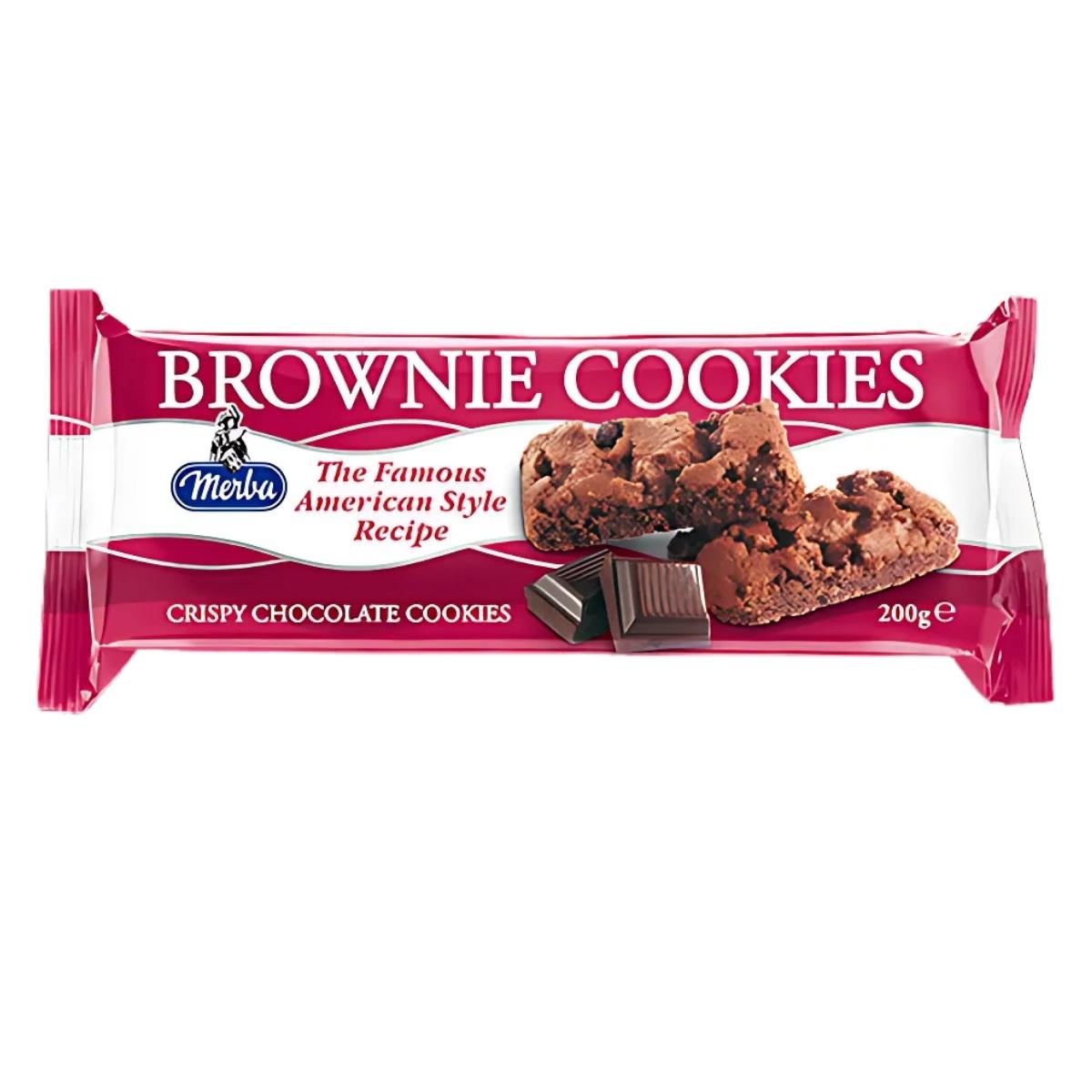 The packaging of Merba - American Brownie Cookies - 200g features alluring images of chocolate pieces and cookies, elegantly labeled as "The Famous American Style Recipe." Enjoy the rich chocolate brownie flavor paired with a delightful crunchy cookie texture.