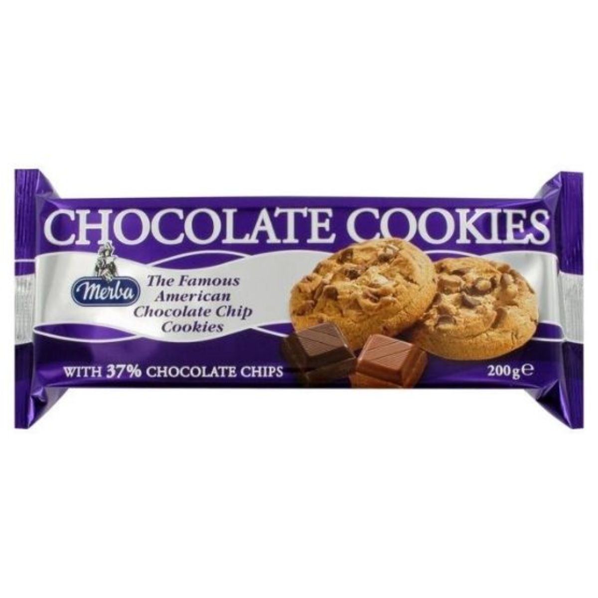 A 200g pack of Merba - American Chocolate Chip Cookies contains chocolate chunks, labeled "The Famous American Chocolate Chip Cookies," with 37% chocolate chips.