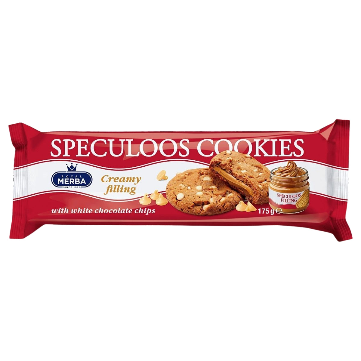 A package of Merba Speculoos Cookies with creamy filling and white chocolate chips, shown in its red wrapper against a plain white background.