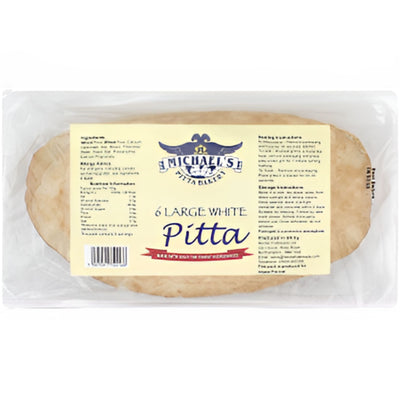 A plastic pack labeled "Michaels Pitta Bakery" contains Michael's - Large White Pitta Bread - 6 Pack, with nutritional and ingredient information on the label.